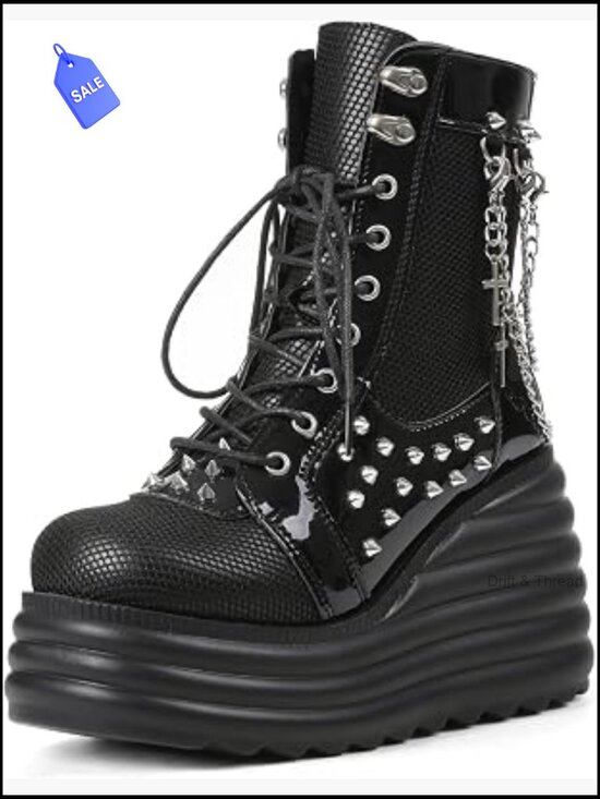 Shoes - Gothic Ankle Boots Platform Combat Boots with Punk Chains & Studs Lace Up Wedge